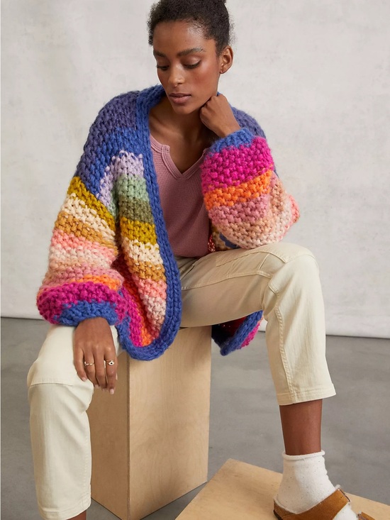 SAACHI Sweaters - SAACHI Multicolor Chunky Stripe Open Cardigan —